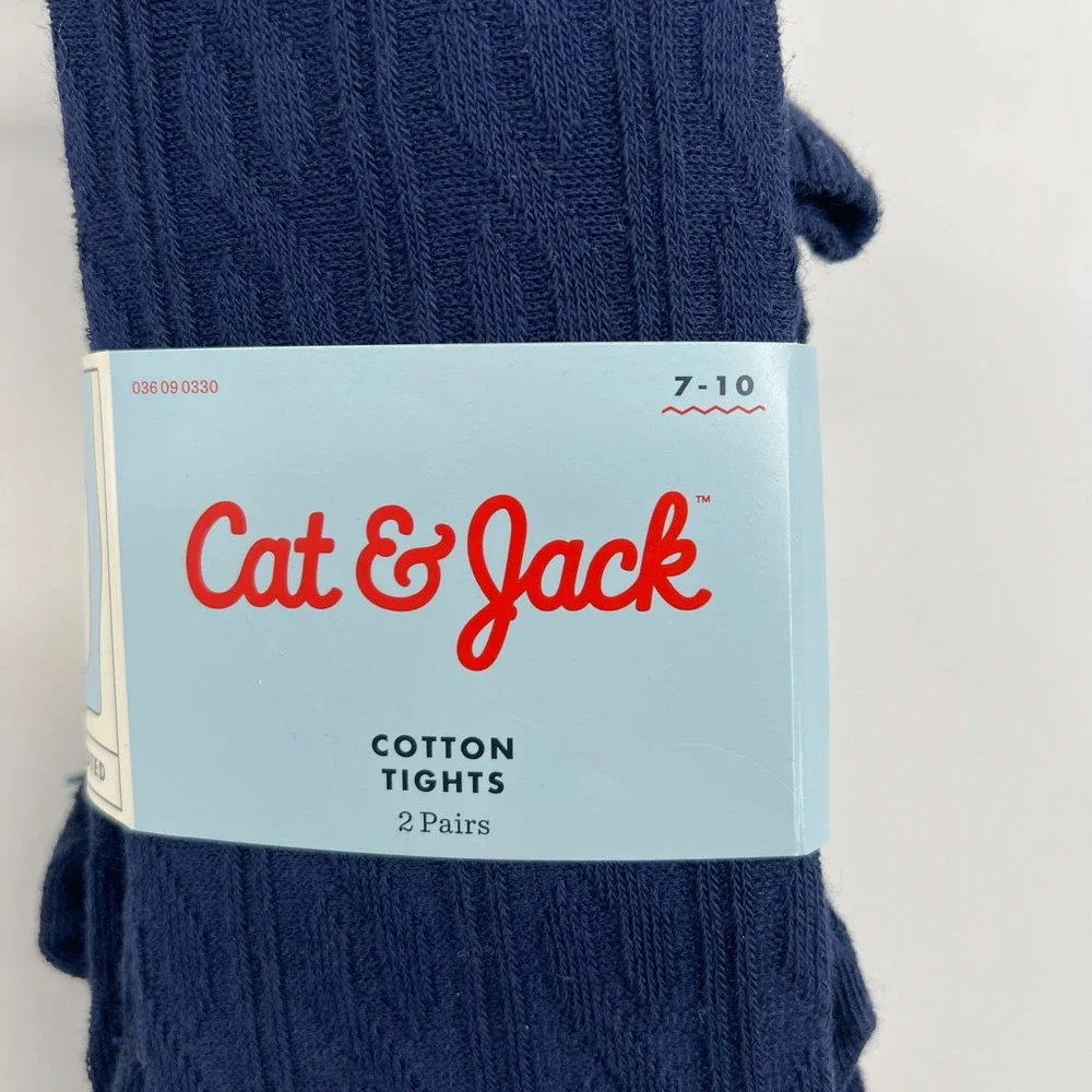NEW Cat & Jack 2pk navy blue cotton cable knit uniform footed tights girls 7-10